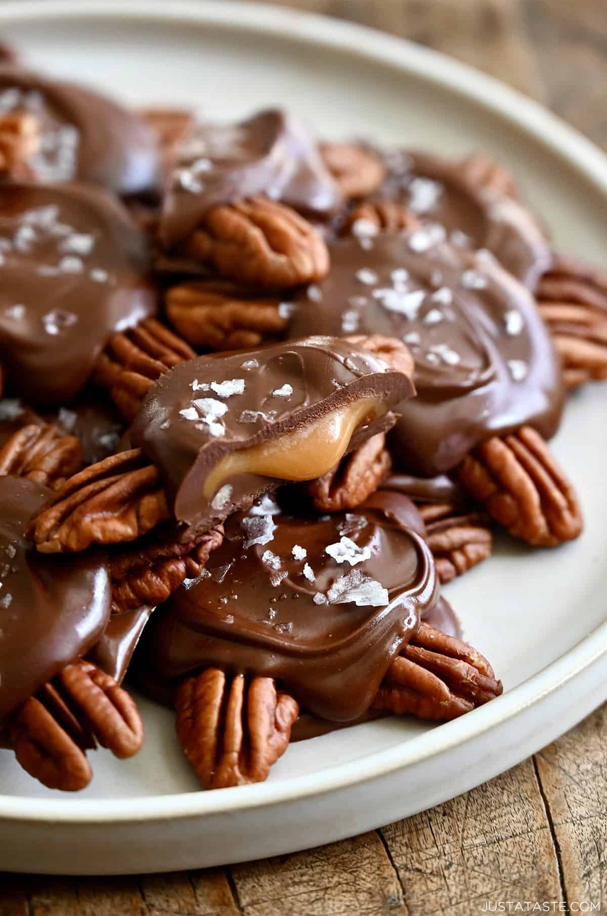 Gooey caramel center of a chocolate turtle candy.