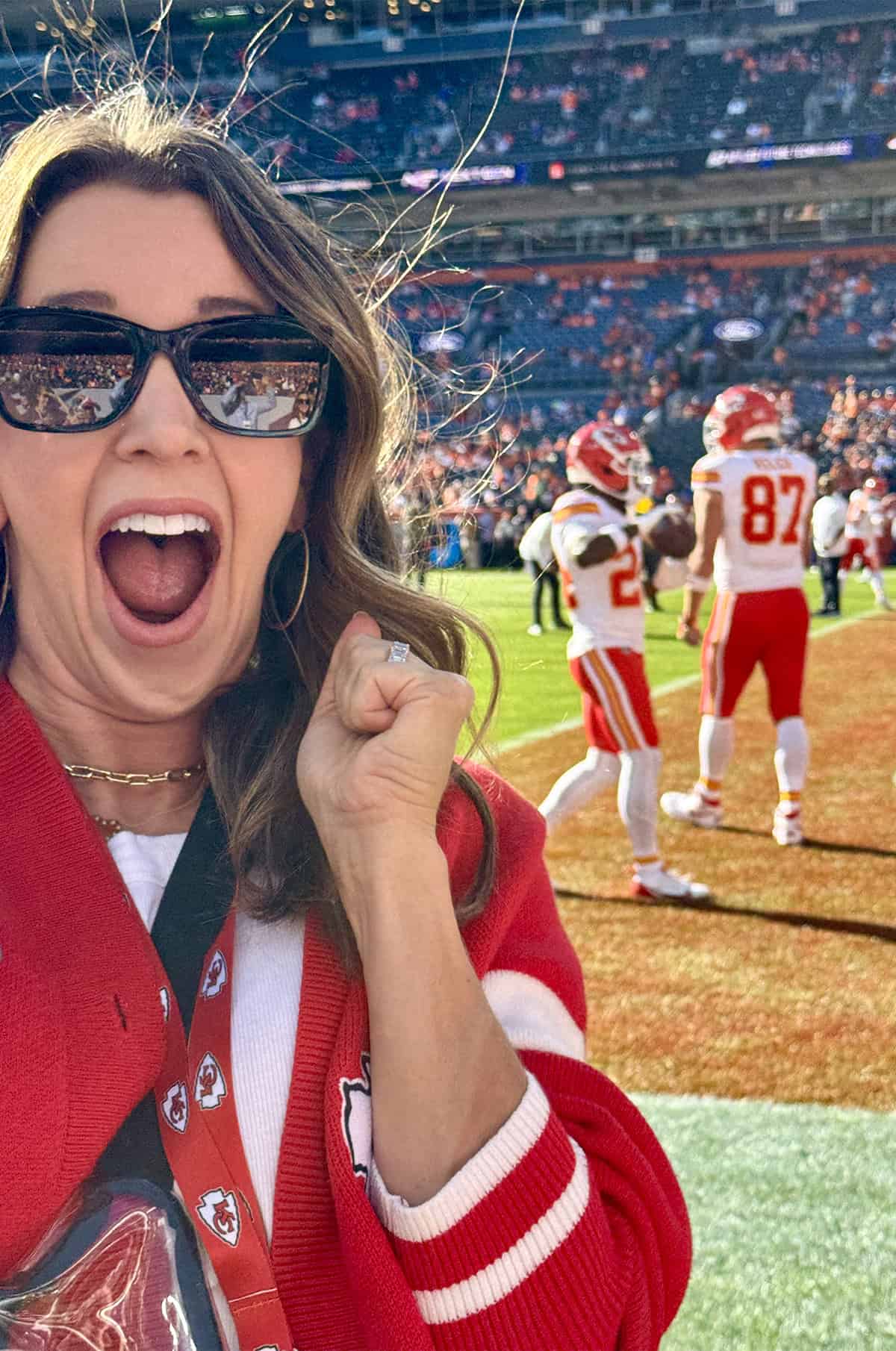 Kelly Senyei on the field at the Chief's football game