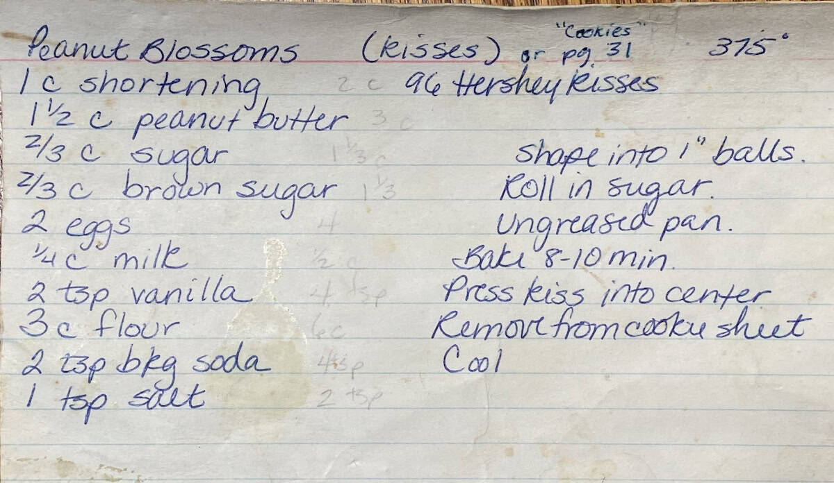 Patti's original peanut butter blossoms recipe card.