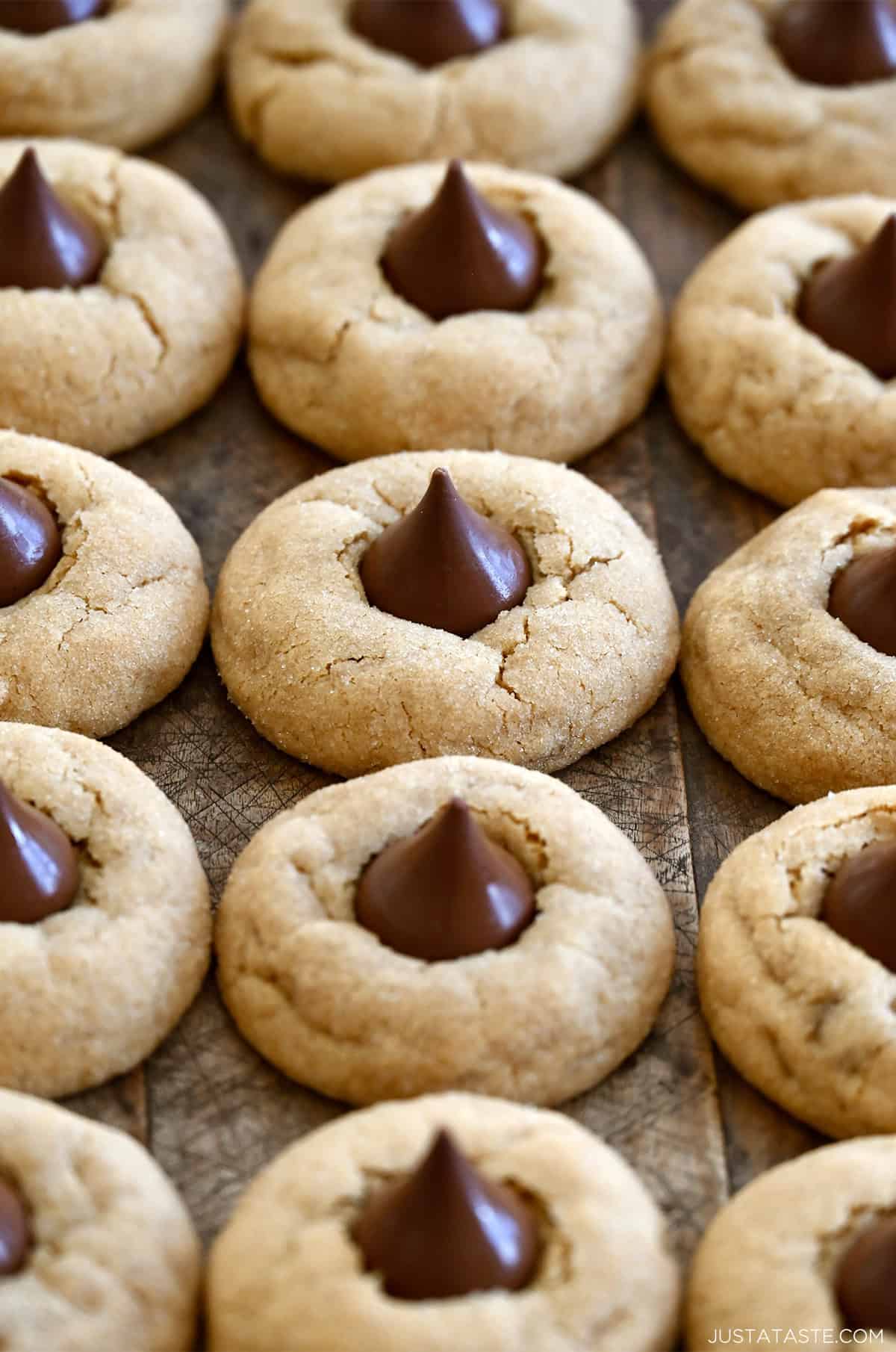 Three rows of peanut butter blossoms on a dark wood surface.