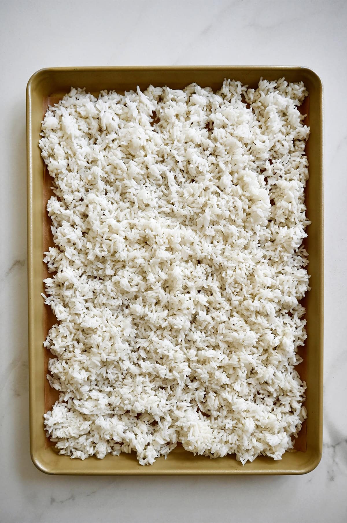 Rice cooling on a baking sheet in a single layer.