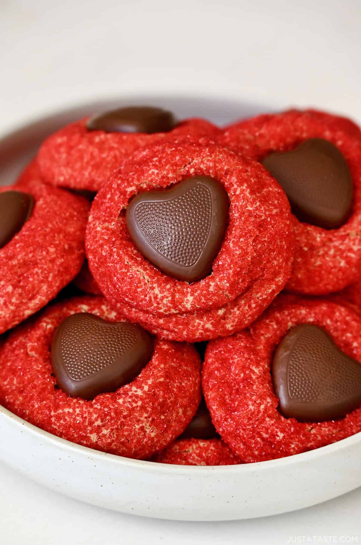 Valentine's Day peanut butter heart cookies in a bowl.