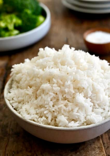 Perfectly fluffy white rice in a serving bowl.