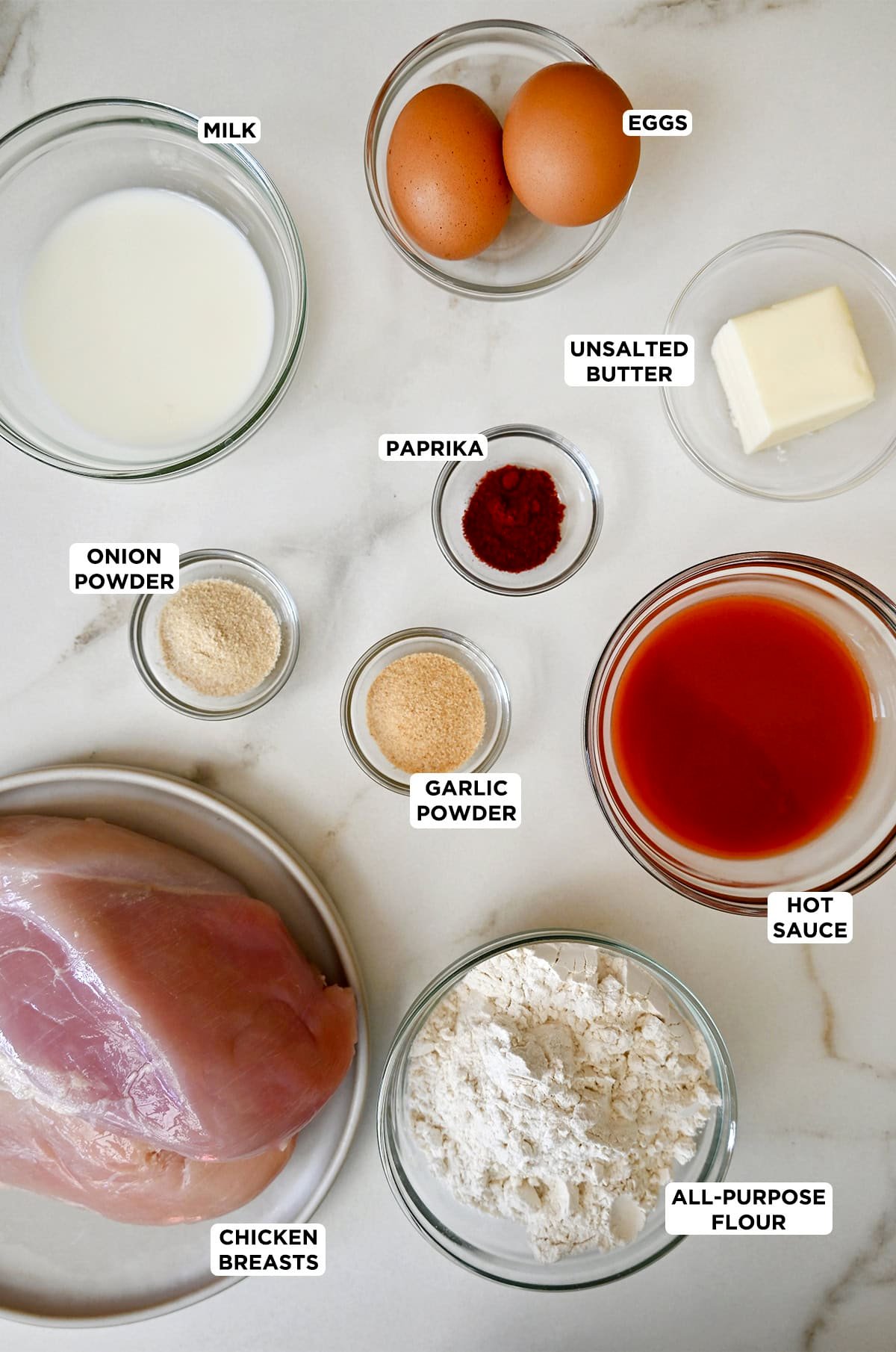 Ingredients to make boneless Buffalo chicken wings.