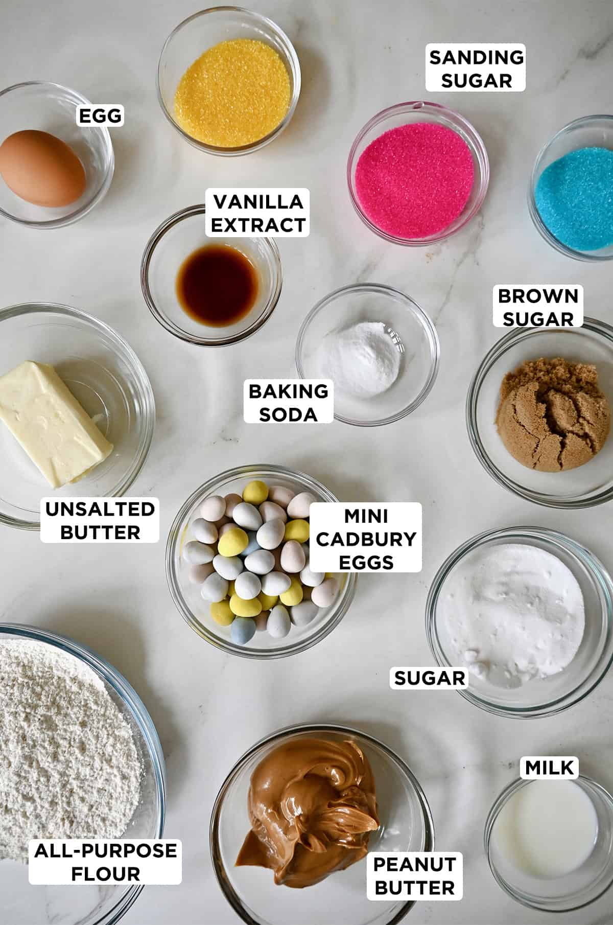 Ingredients to make peanut butter Cadbury mini egg cookies.