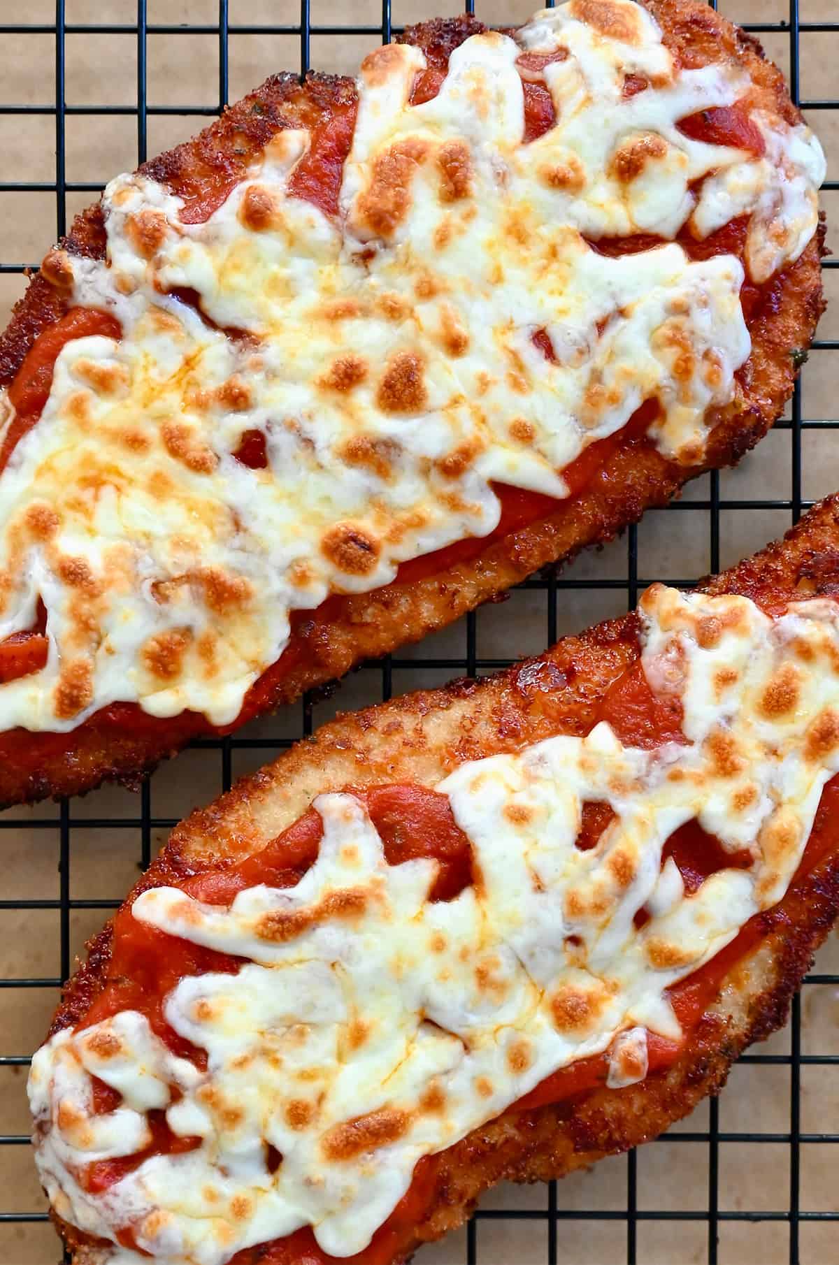 Easy chicken parmesan fresh out of the oven after melting the mozzarella.