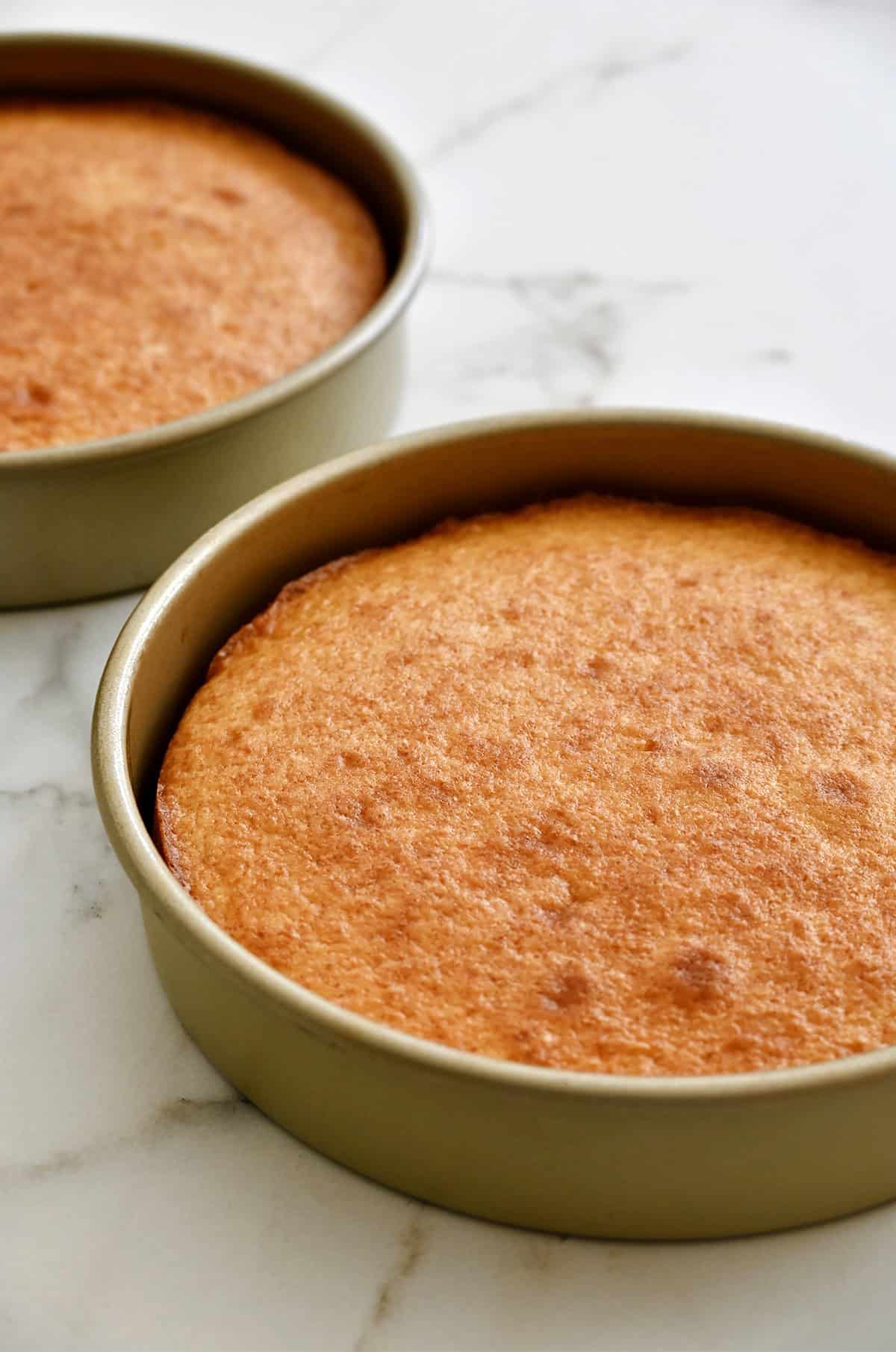 Baked coconut cakes in 9-inch round cake pans.