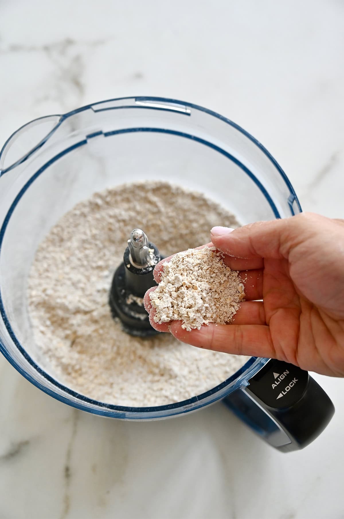 Old Fashioned oats pulsed into a fine flour-like consistency in a food processor for cottage cheese cookie dough.