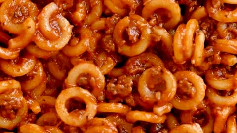 A close-up of homemade SpaghettiOs.