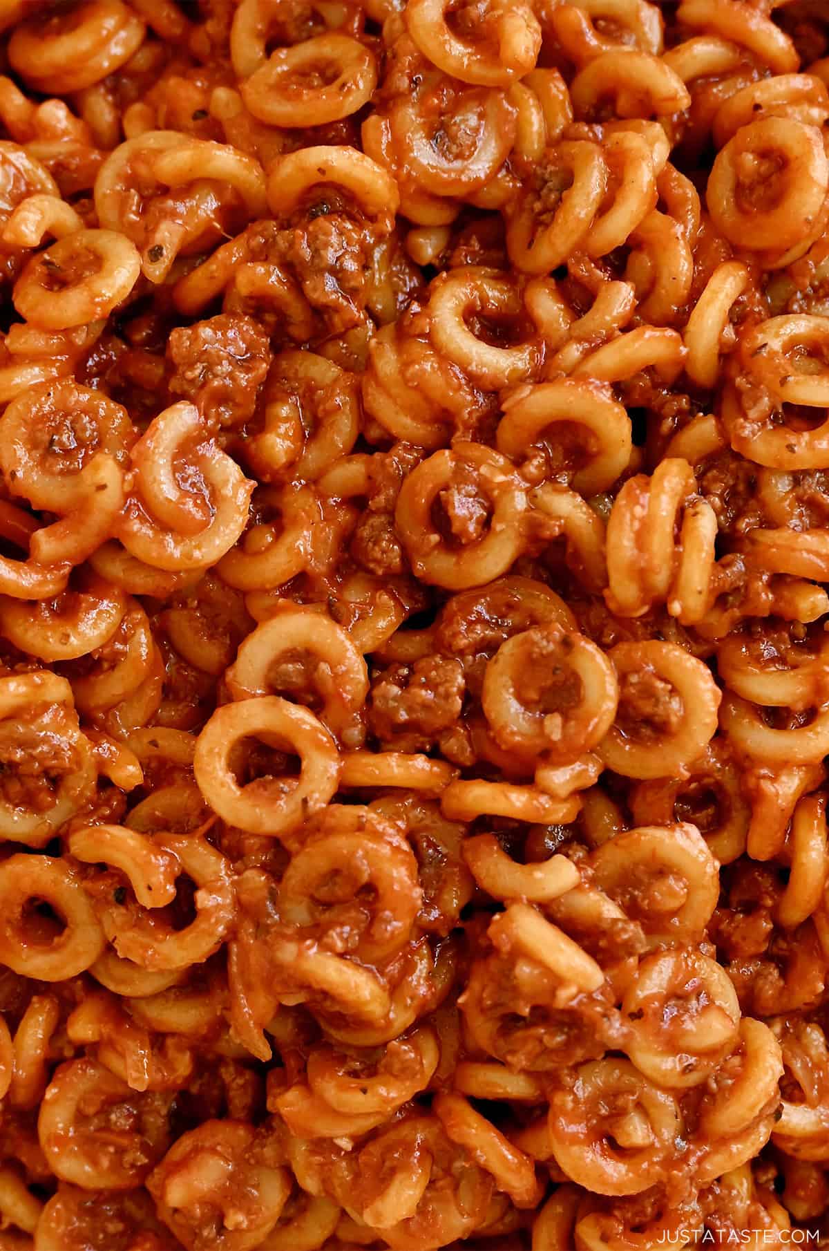 A close-up of homemade SpaghettiOs.