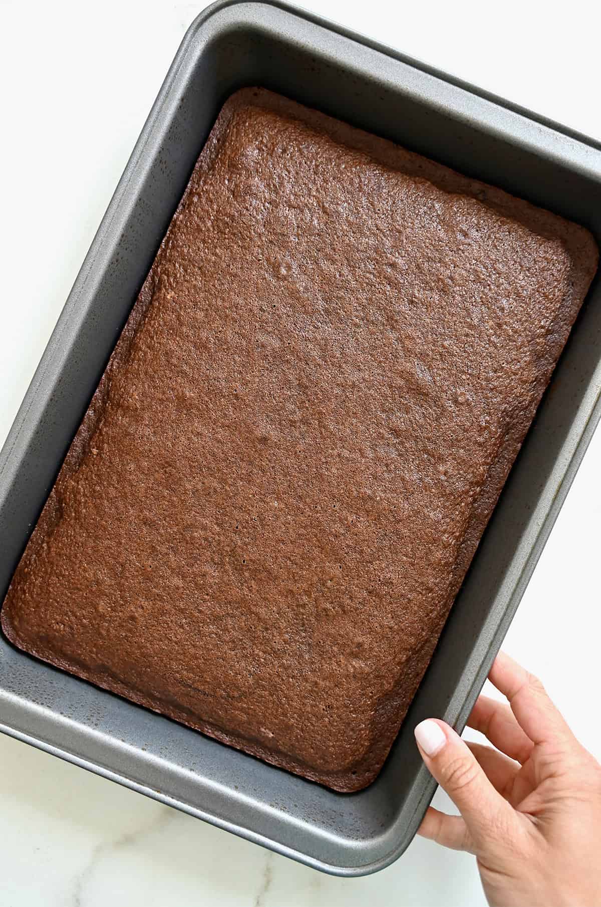 A thin chocolate cake perfect for making cocktail cakes in a 9x13 pan.