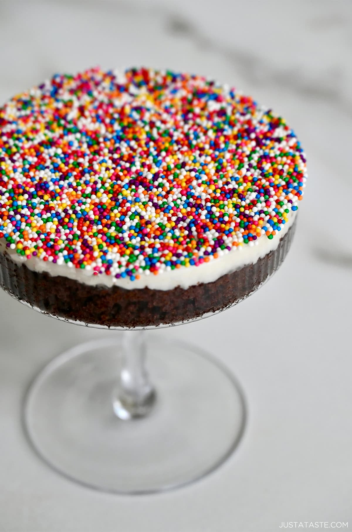 DIY dot cake in a cocktail glass.