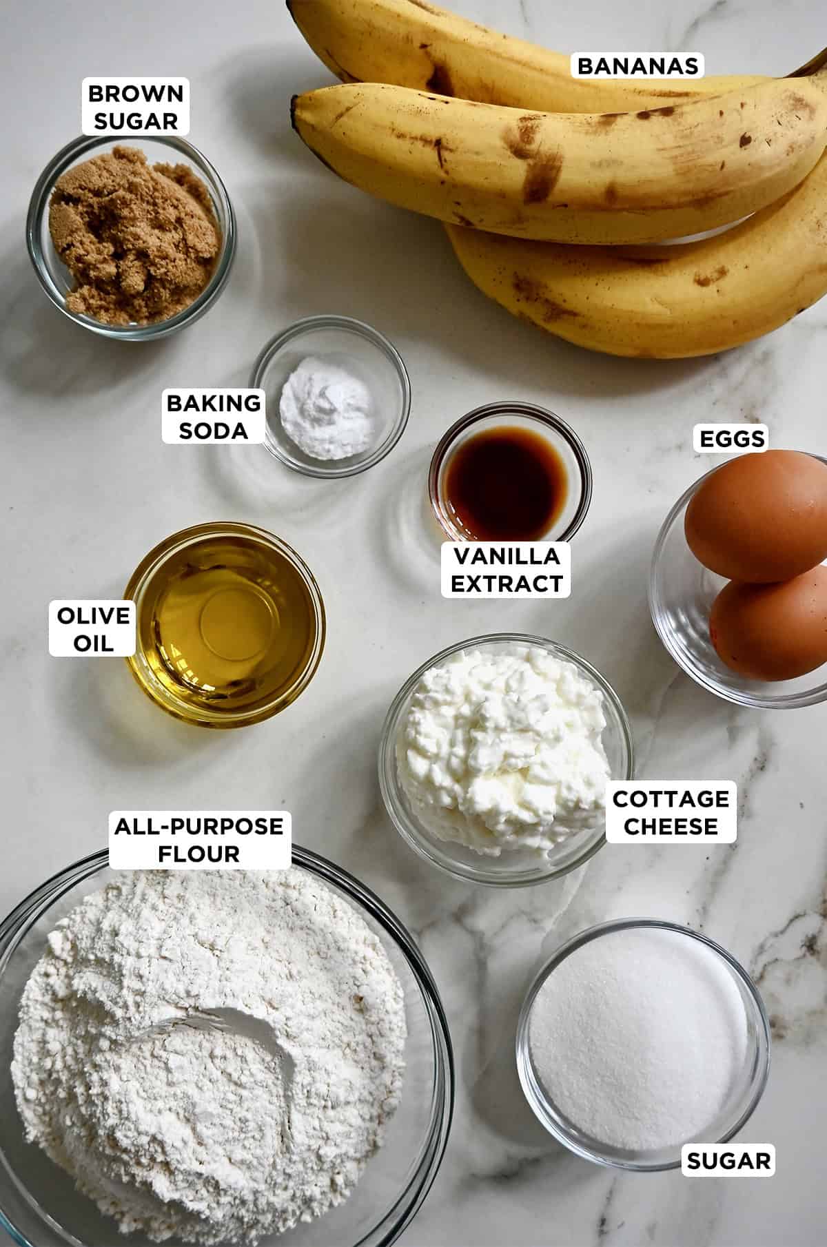 Ingredients to make cottage cheese banana bread.