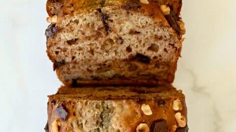 Banana bread made with cottage cheese studded with walnuts and chocolate chips.