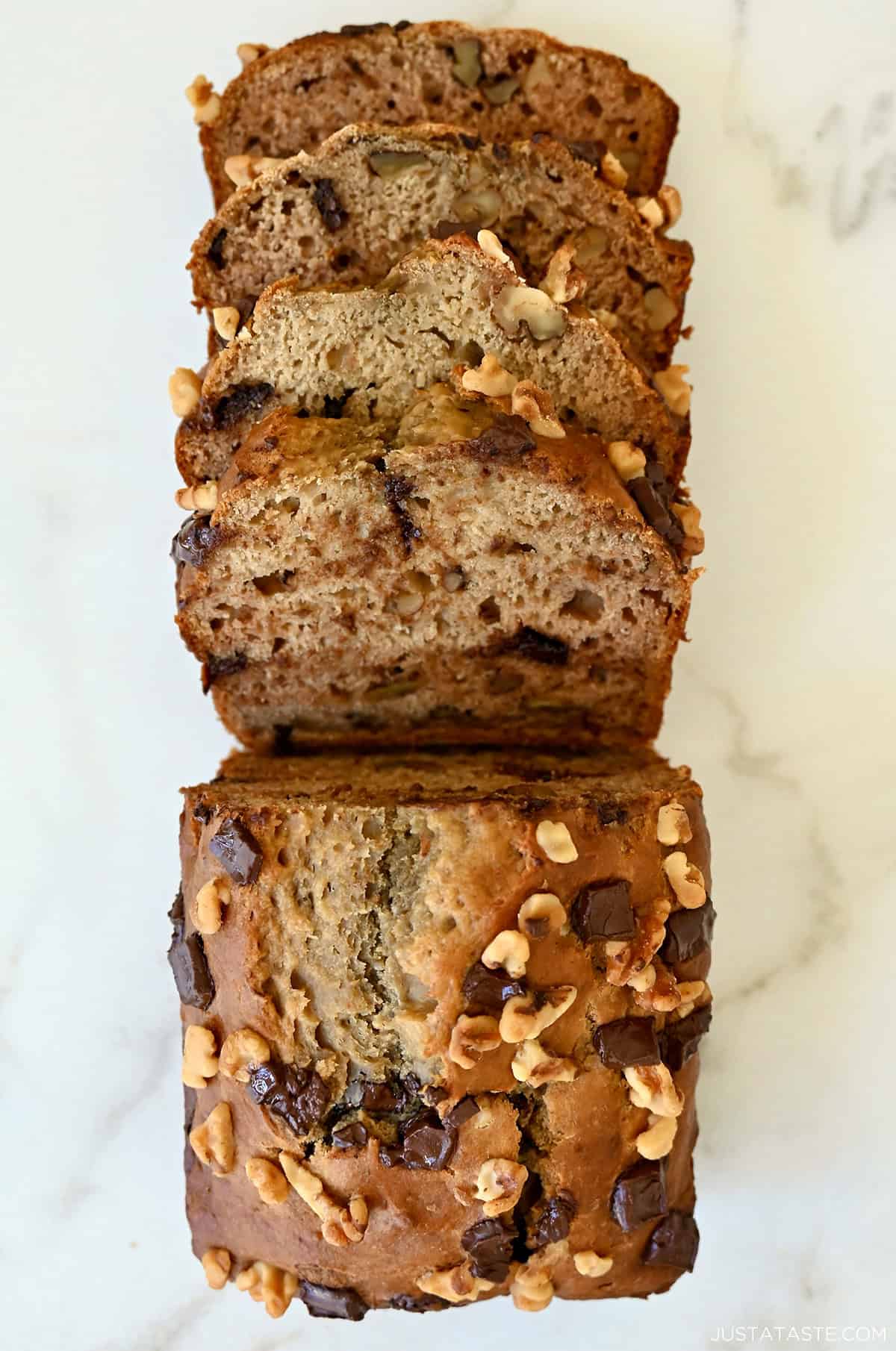 Banana bread made with cottage cheese studded with walnuts and chocolate chips.