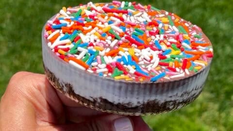A hand holds an ice cream cake cocktail featuring a layer of chocolate cake topped with vanilla ice cream, Magic Shell and rainbow sprinkles.