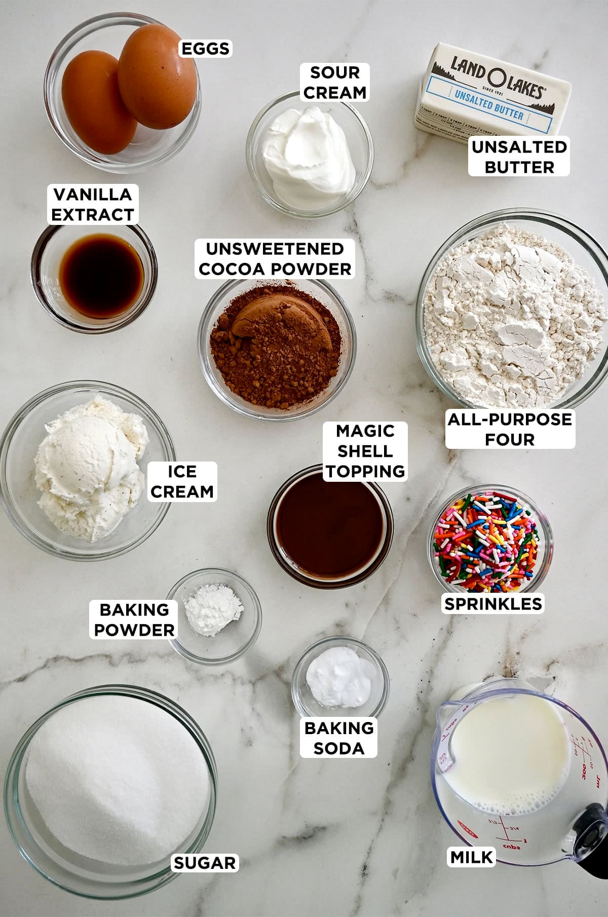 Ingredients to make ice cream cocktail cakes.