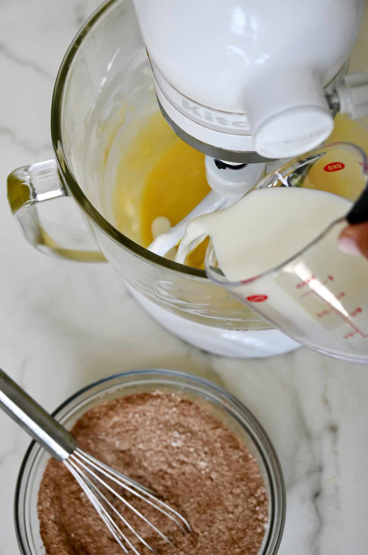 Making the cake batter for s'mores cake.
