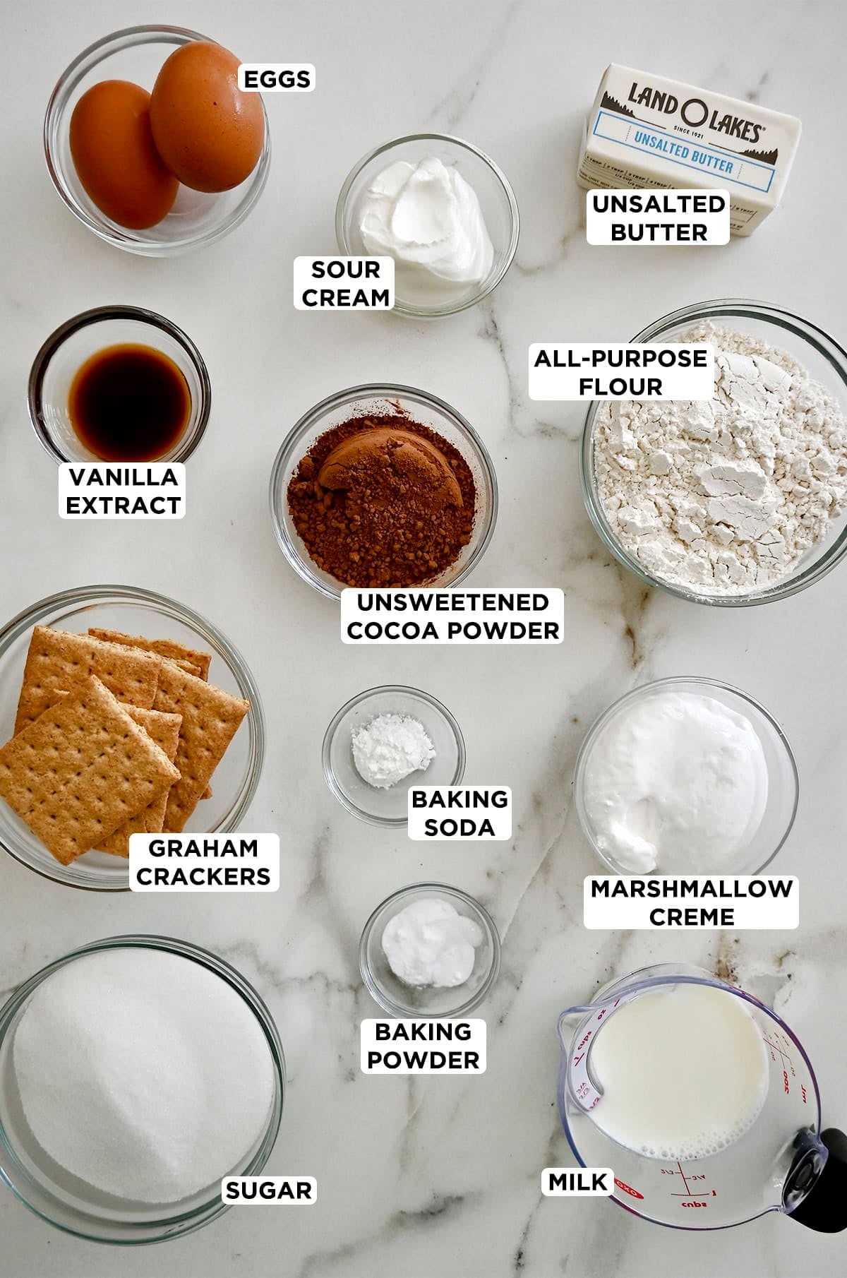Ingredients to make a s'mores layer cake.