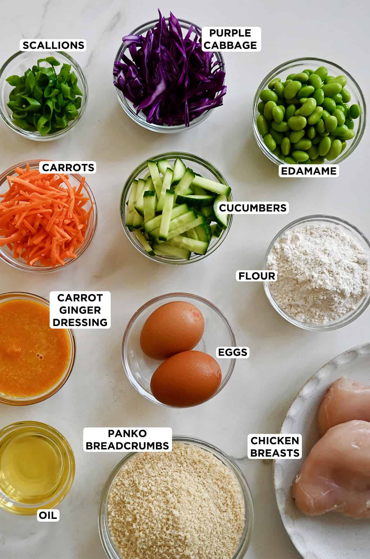 All the ingredients needed to make chicken katsu with a chopped Asian cabbage salad.