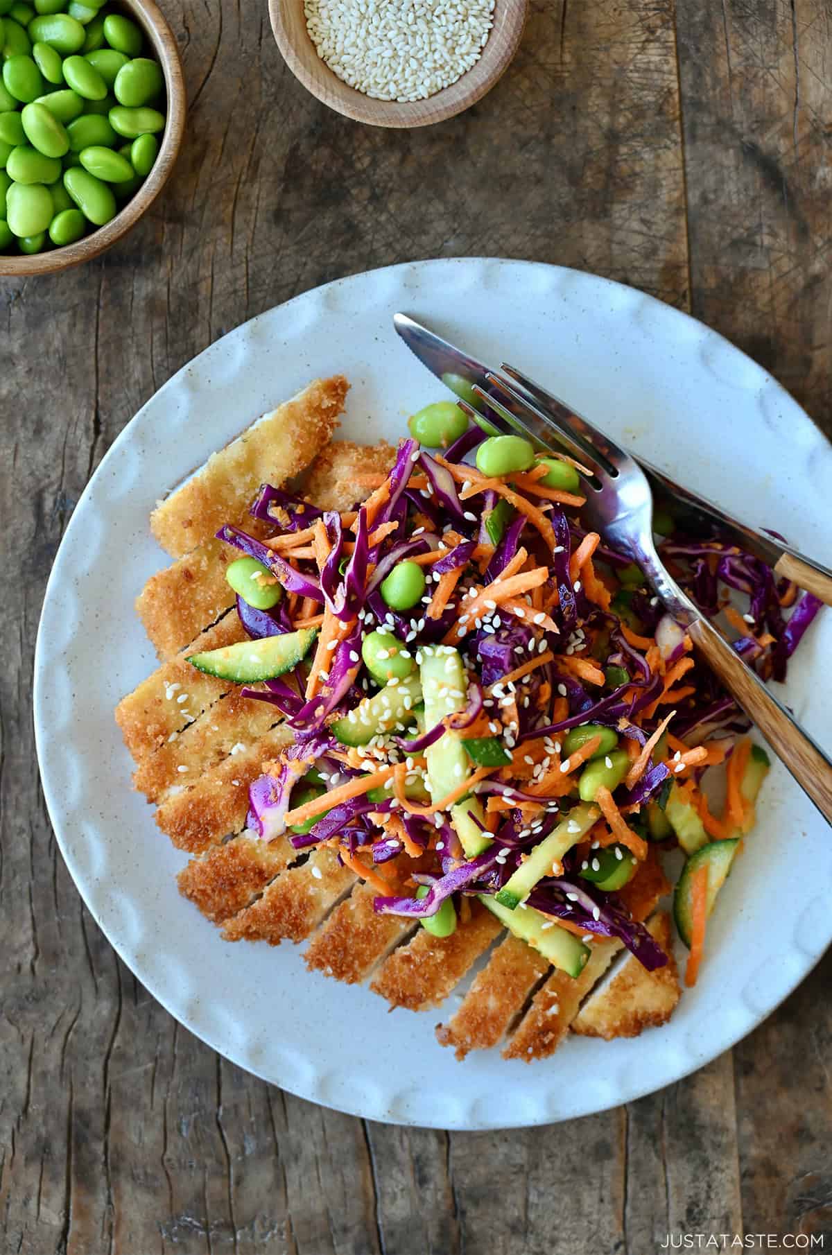 Crispy Japanese-style chicken cutlets topped with a crunchy Asian cabbage salad.