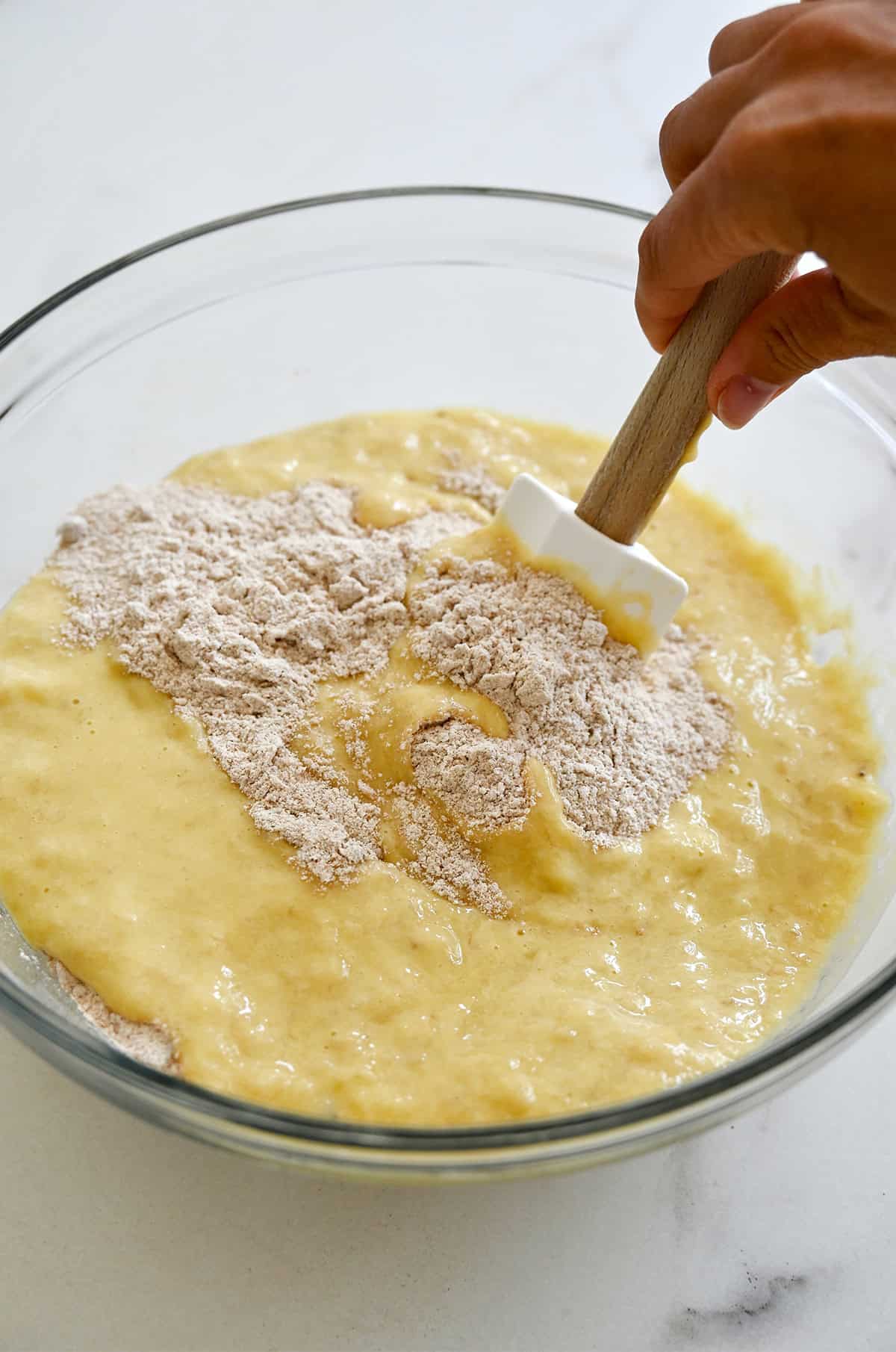 Protein muffin batter in a mixing bowl.
