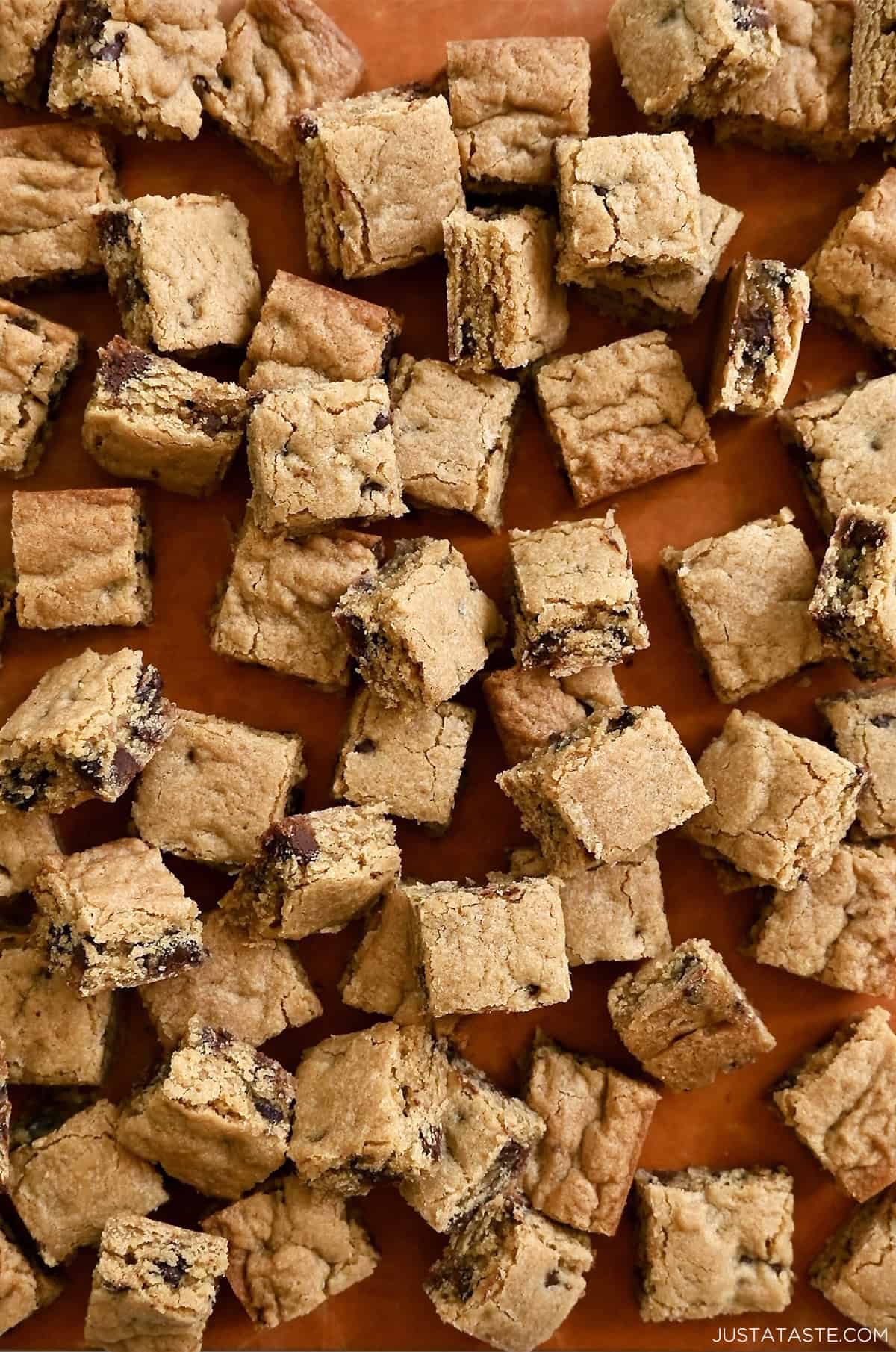 A close-up of chocolate chip cookie croutons.