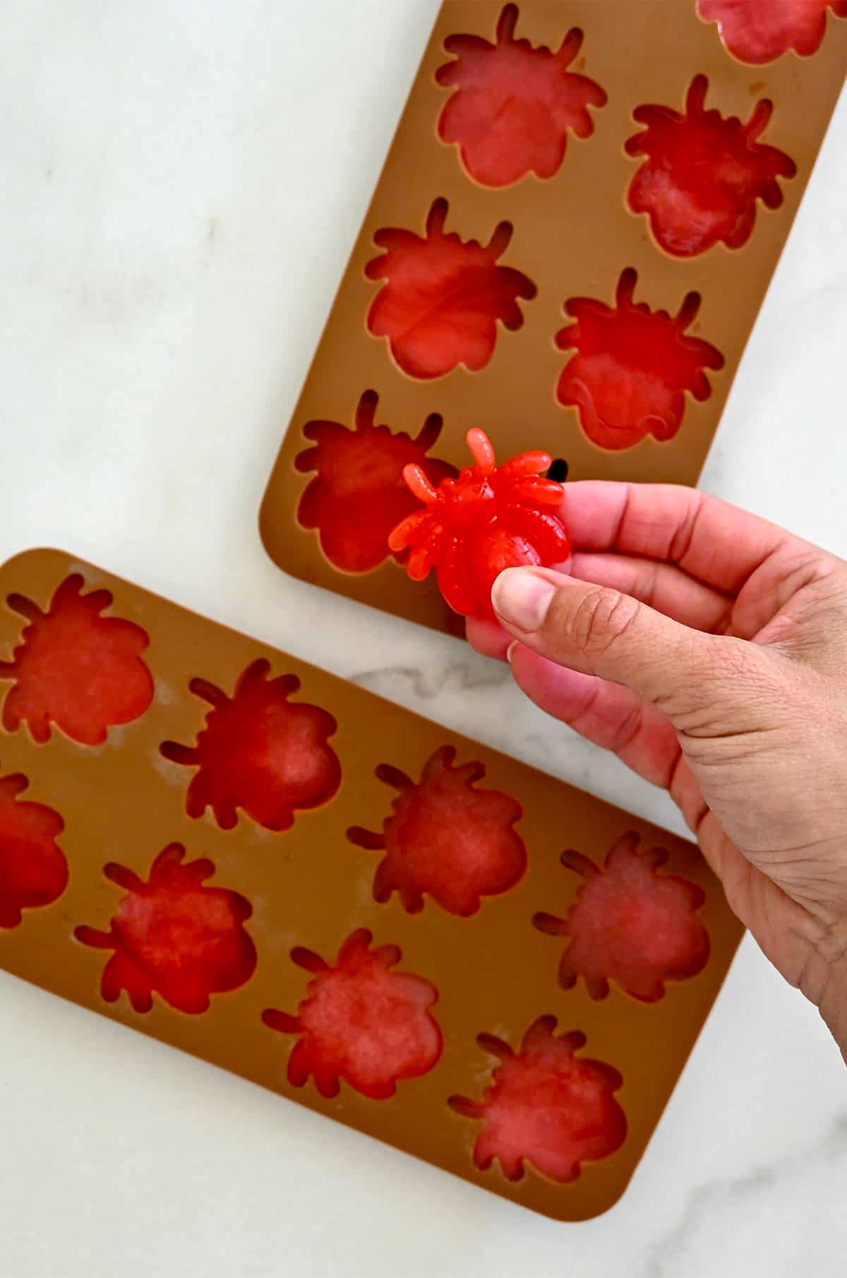 Frozen grenadine ice cube spiders.