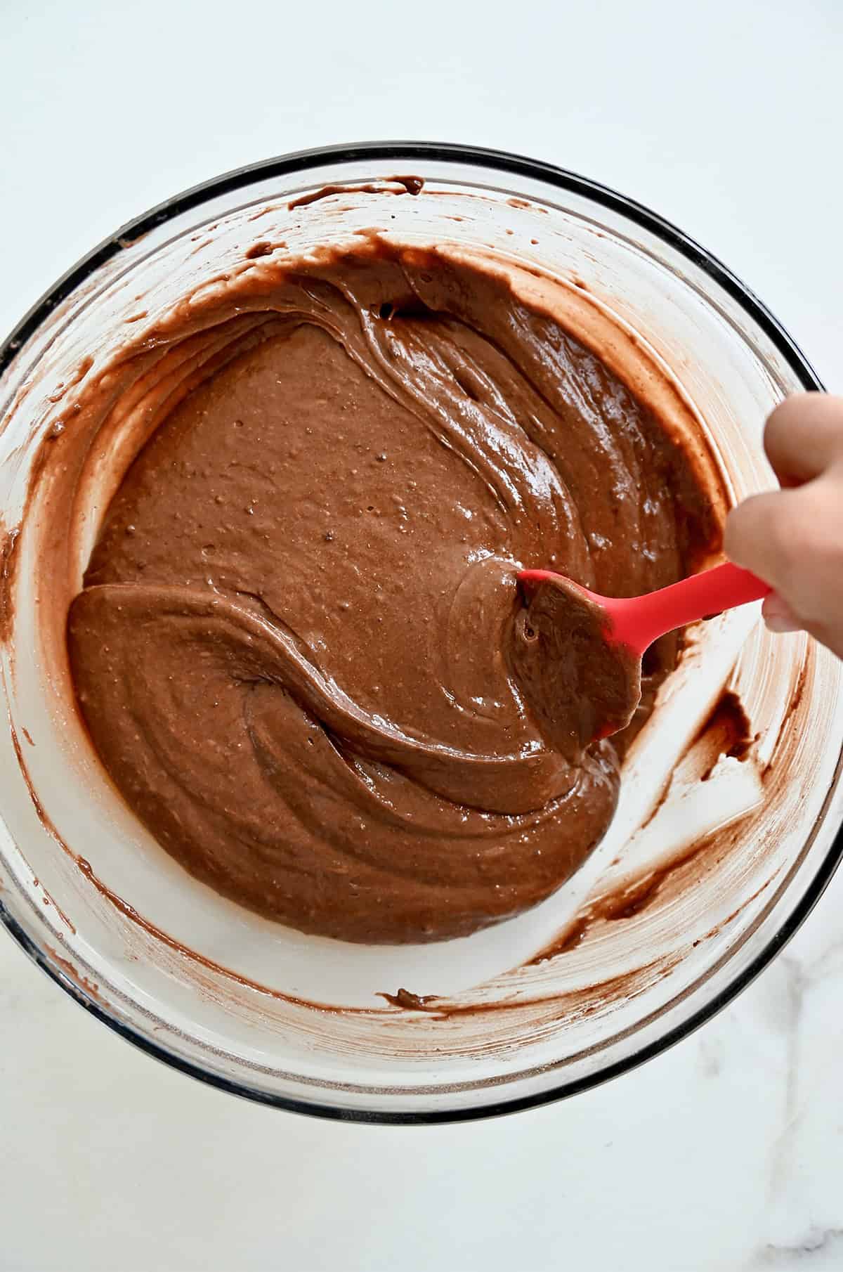 Devil's Food cake batter in a mixing bowl.
