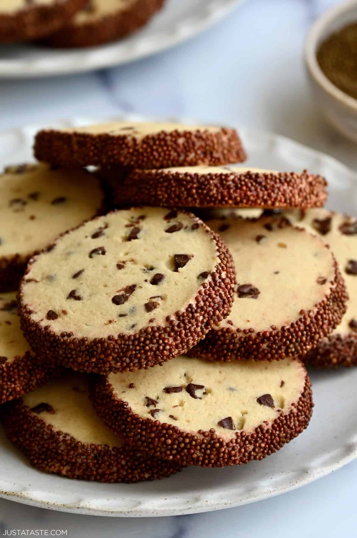 Chocolate chip icebox cookies on a plate.