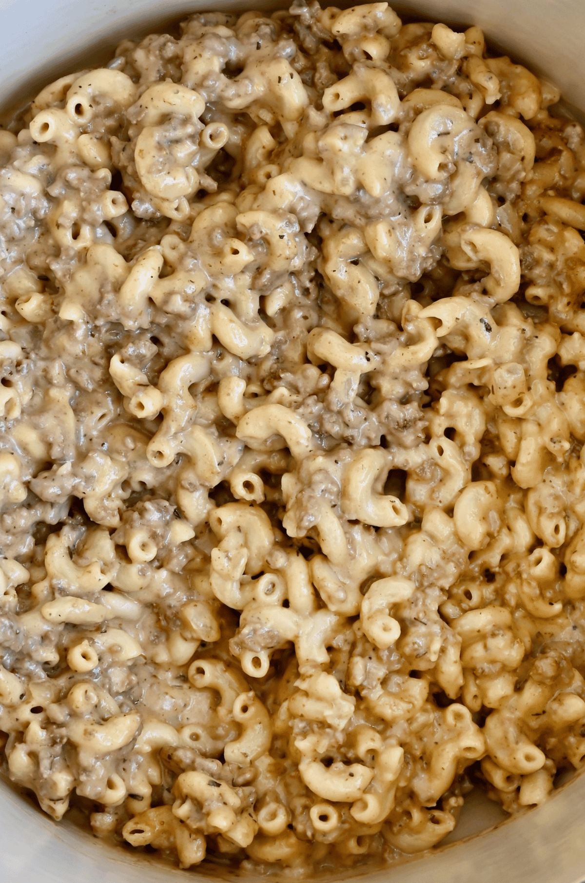 A closeup of homemade hamburger helper cheeseburger macaroni.
