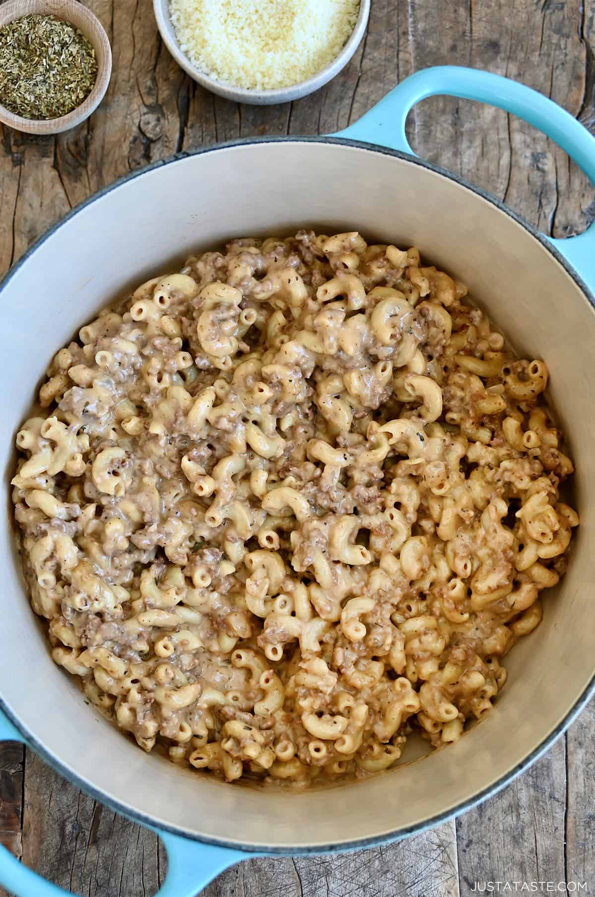Homemade Hamburger Helper Cheeseburger style in a big pot.
