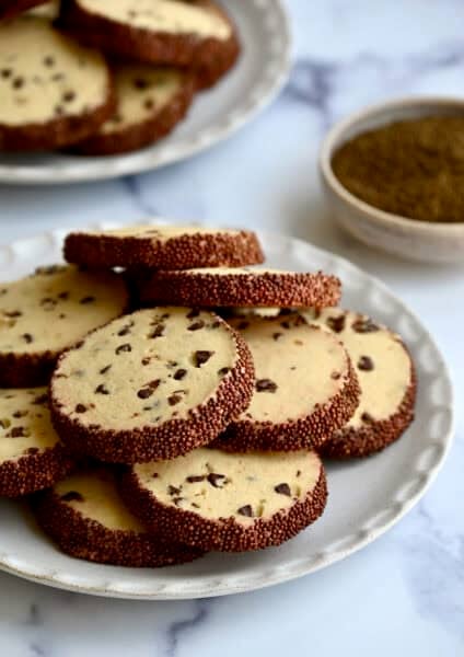 Slice-and-bake chocolate chip cookies on a plate.