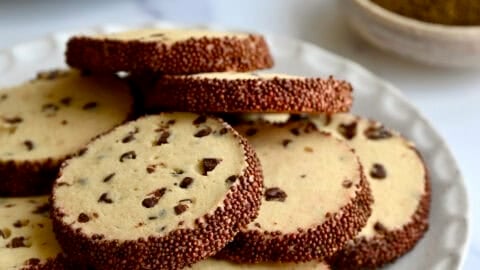 Slice-and-bake chocolate chip cookies on a plate.