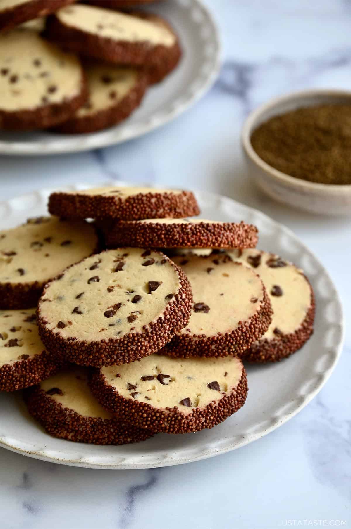 Slice-and-bake chocolate chip cookies on a plate.