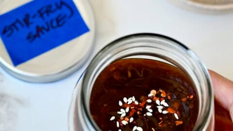 Homemade stir fry sauce in a mason jar.